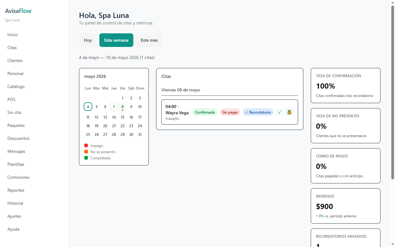 Panel de control de AvisaFlow — calendario, citas y métricas